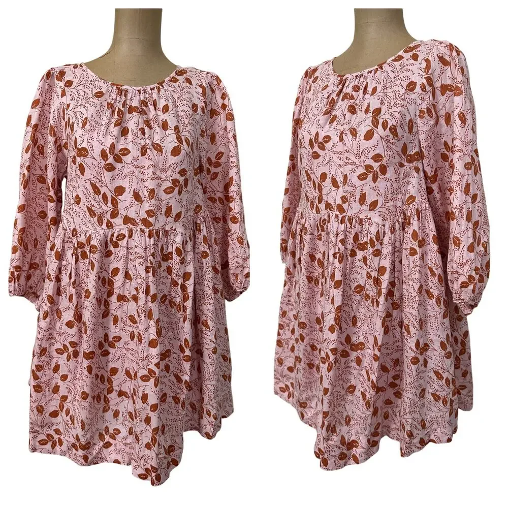 Free People Mini Dress Paper Hearts Pink Linen Long Sleeve Empire Waist